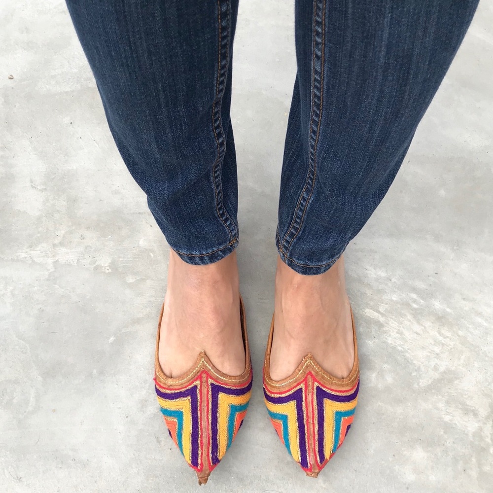 Handmade embroidered leather slippers from India